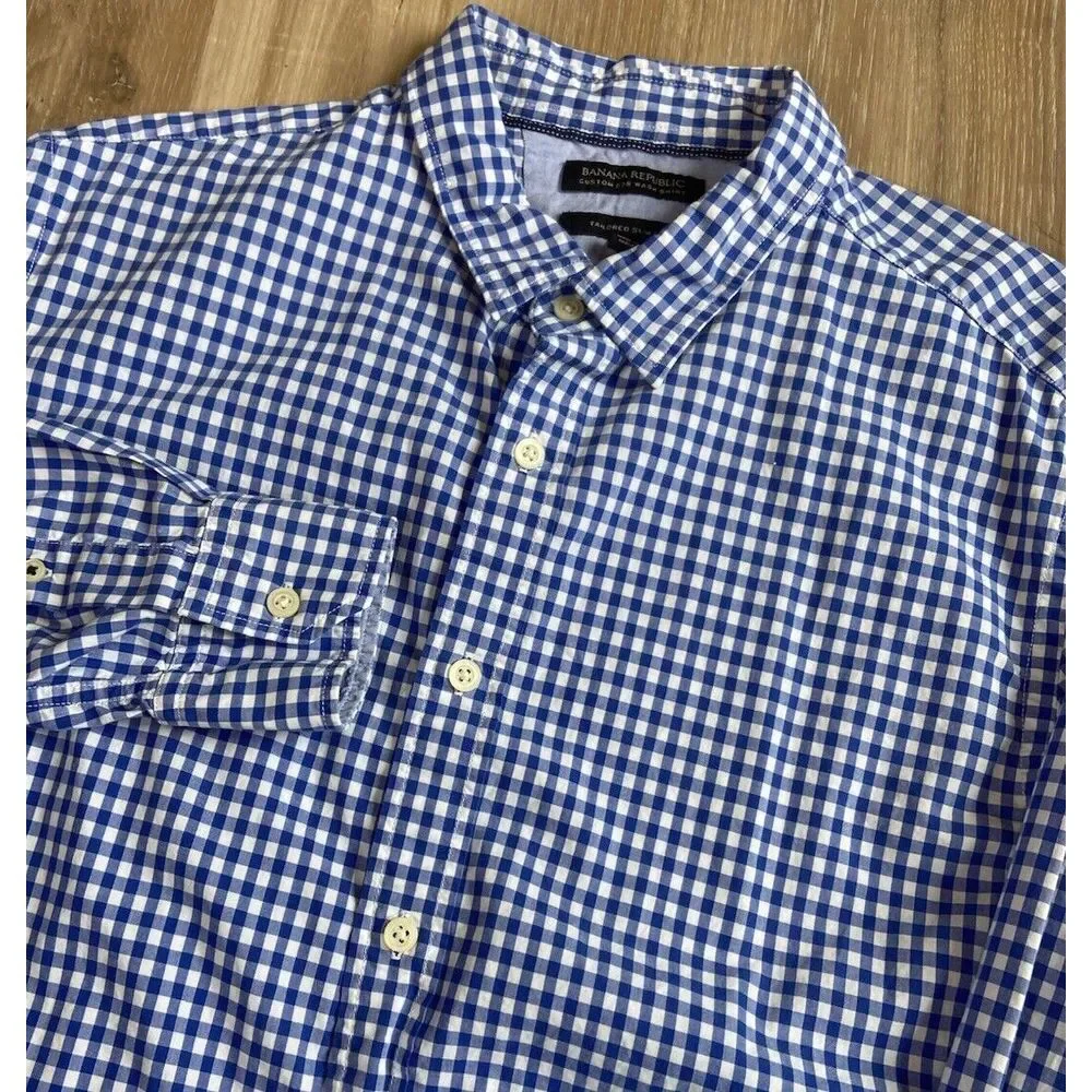 Banana Republic Mens Button Up Long Sleeve Shirts Blue Check - Set Of 2‎ - Large